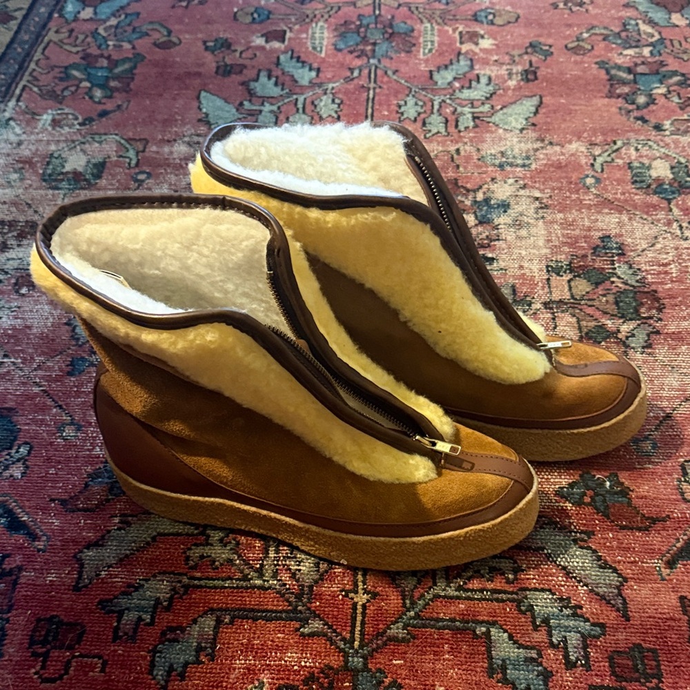 L.L. Bean Brown and Cream Shearling-Lined Wedge Zip Boots